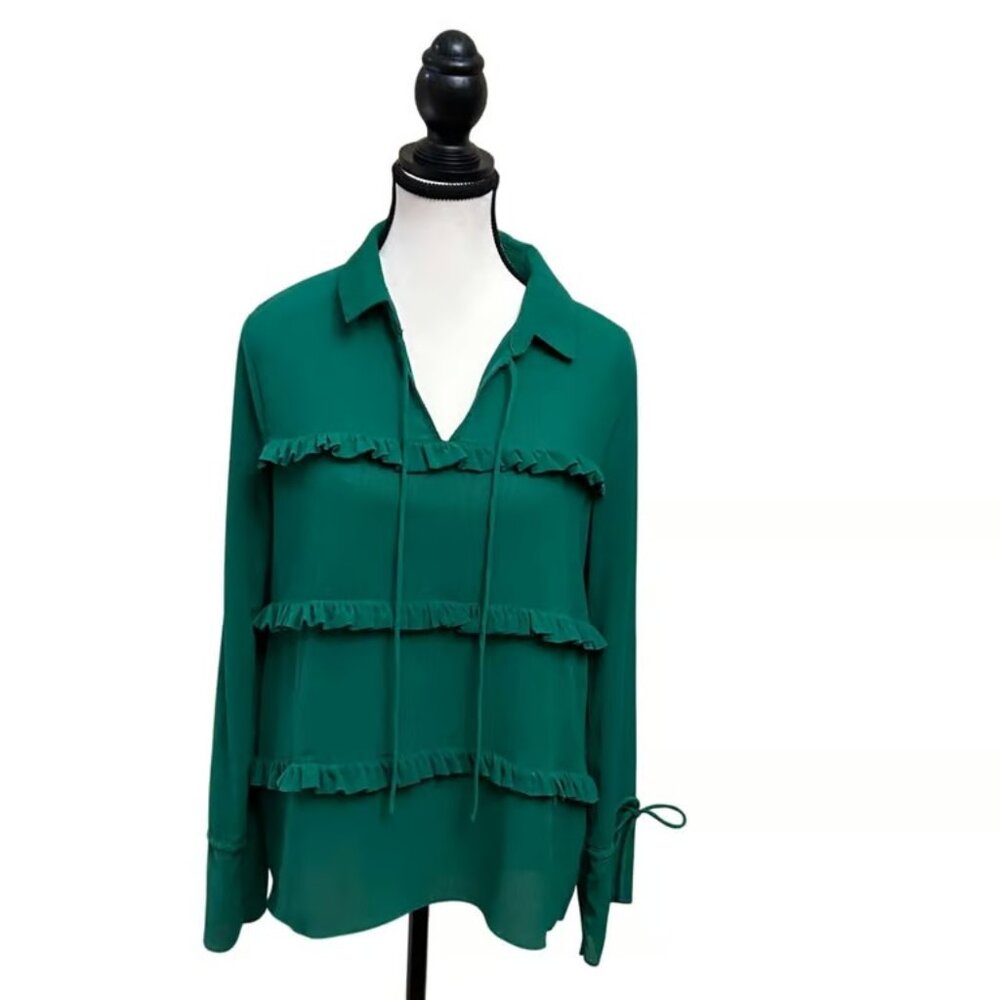 English Factory Green Ruffle Tie Neck Long Sleeve Blouse Top - M